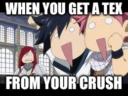Fairytail Meme Picture | WHEN YOU GET A TEX; FROM YOUR CRUSH | image tagged in fairytail meme picture | made w/ Imgflip meme maker