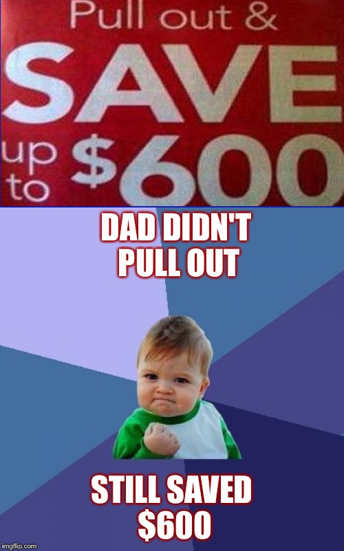 Dad's got skills. | DAD DIDN'T PULL OUT; STILL SAVED $600 | image tagged in success kid,bargain,memes,funny | made w/ Imgflip meme maker