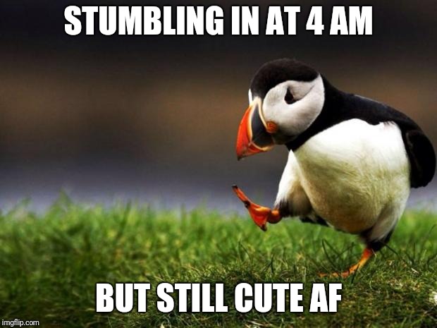 Unpopular Opinion Puffin Meme | STUMBLING IN AT 4 AM; BUT STILL CUTE AF | image tagged in memes,unpopular opinion puffin | made w/ Imgflip meme maker