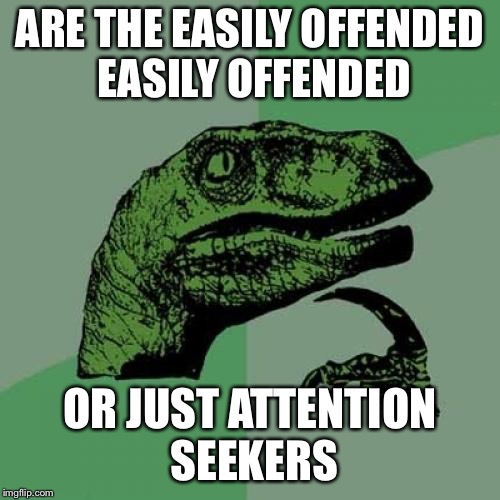Philosoraptor Meme | ARE THE EASILY OFFENDED EASILY OFFENDED; OR JUST ATTENTION SEEKERS | image tagged in memes,philosoraptor | made w/ Imgflip meme maker