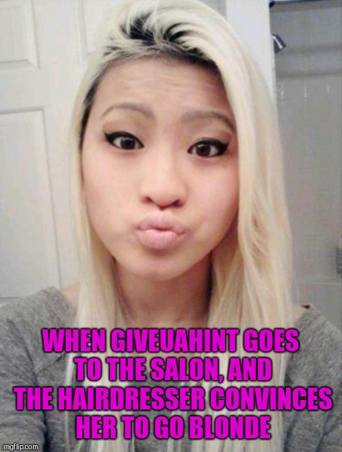 Those duck lips though lmao  | WHEN GIVEUAHINT GOES TO THE SALON, AND THE HAIRDRESSER CONVINCES HER TO GO BLONDE | image tagged in jbmemegeek,giveuahint,blondes,memes,blonde pun,duck face chicks | made w/ Imgflip meme maker
