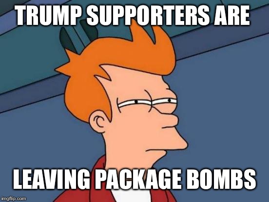 Futurama Fry Meme | TRUMP SUPPORTERS ARE LEAVING PACKAGE BOMBS | image tagged in memes,futurama fry | made w/ Imgflip meme maker