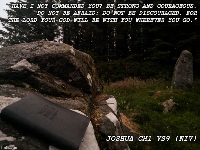 HAVE I NOT COMMANDED YOU? BE STRONG AND COURAGEOUS. DO NOT BE AFRAID; DO NOT BE DISCOURAGED, FOR THE LORD YOUR GOD WILL BE WITH YOU WHEREVER YOU GO.”; JOSHUA CH1 VS9 (NIV) | image tagged in rugged bible | made w/ Imgflip meme maker