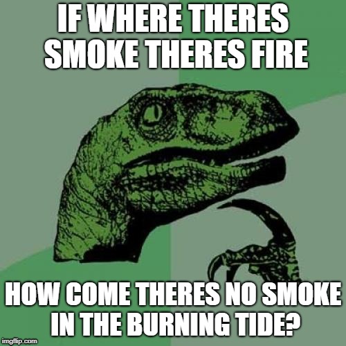 Philosoraptor | IF WHERE THERES SMOKE THERES FIRE; HOW COME THERES NO SMOKE IN THE BURNING TIDE? | image tagged in memes,philosoraptor | made w/ Imgflip meme maker