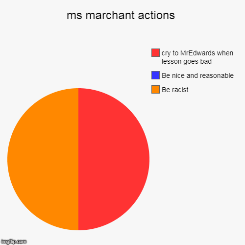 ms marchant actions | Be racist , Be nice and reasonable, cry to MrEdwards when lesson goes bad | image tagged in funny,pie charts | made w/ Imgflip chart maker