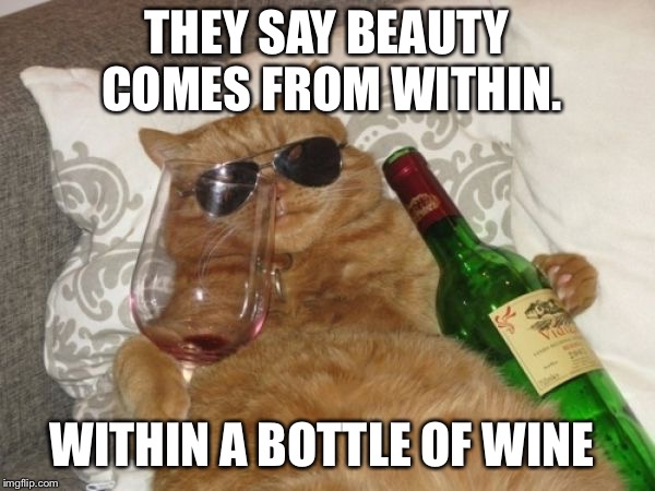 Wine Cat Birthday | THEY SAY BEAUTY COMES FROM WITHIN. WITHIN A BOTTLE OF WINE | image tagged in wine cat birthday | made w/ Imgflip meme maker