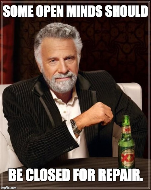 The Most Interesting Man In The World Meme | SOME OPEN MINDS SHOULD; BE CLOSED FOR REPAIR. | image tagged in memes,the most interesting man in the world | made w/ Imgflip meme maker