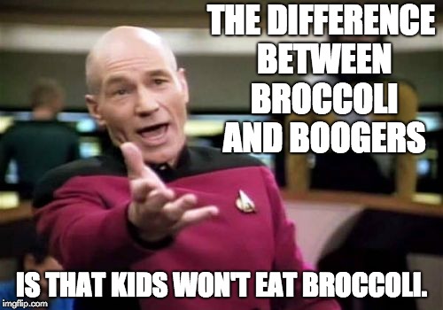 Picard Wtf Meme | THE DIFFERENCE BETWEEN BROCCOLI AND BOOGERS; IS THAT KIDS WON'T EAT BROCCOLI. | image tagged in memes,picard wtf | made w/ Imgflip meme maker