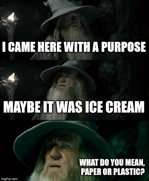 Confused Gandalf Meme | I CAME HERE WITH A PURPOSE; MAYBE IT WAS ICE CREAM; WHAT DO YOU MEAN, PAPER OR PLASTIC? | image tagged in memes,confused gandalf | made w/ Imgflip meme maker