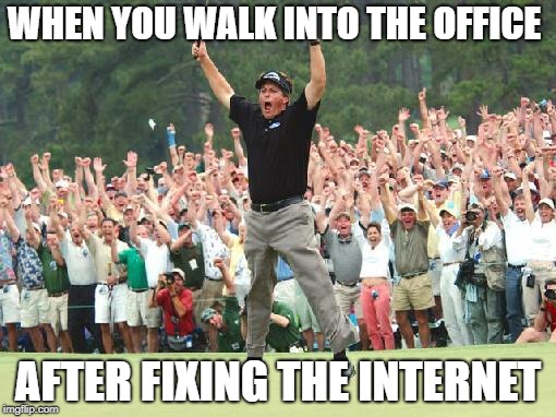Golf celebration | WHEN YOU WALK INTO THE OFFICE; AFTER FIXING THE INTERNET | image tagged in golf celebration | made w/ Imgflip meme maker