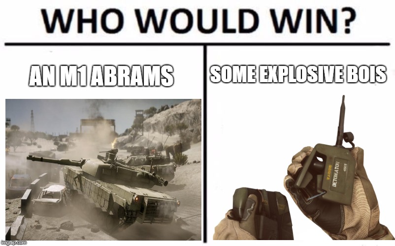 Who Would Win? | AN M1 ABRAMS; SOME EXPLOSIVE BOIS | image tagged in memes,who would win | made w/ Imgflip meme maker