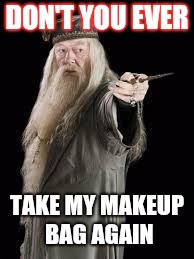 Dumbledore | DON'T YOU EVER; TAKE MY MAKEUP BAG AGAIN | image tagged in dumbledore | made w/ Imgflip meme maker