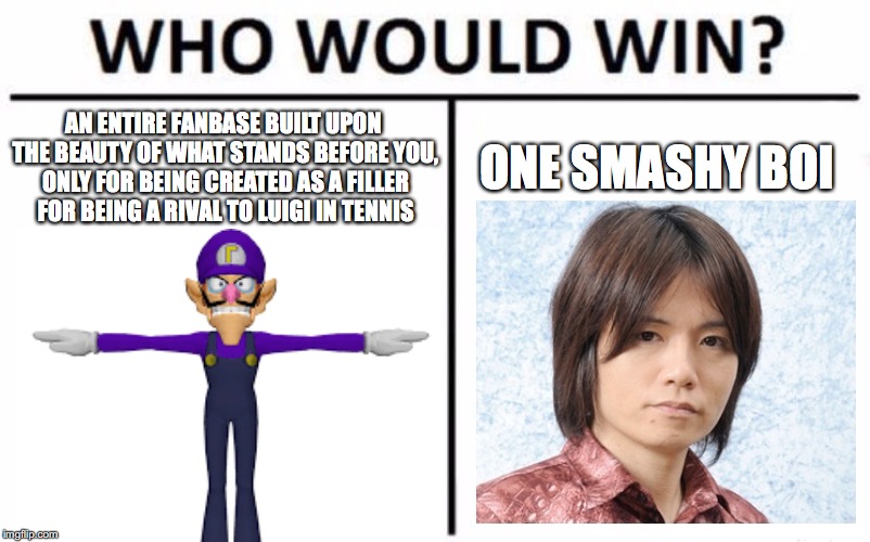 Rest in spaghetti Waluigi, never forgetti | AN ENTIRE FANBASE BUILT UPON THE BEAUTY OF WHAT STANDS BEFORE YOU, ONLY FOR BEING CREATED AS A FILLER FOR BEING A RIVAL TO LUIGI IN TENNIS; ONE SMASHY BOI | image tagged in memes,who would win | made w/ Imgflip meme maker