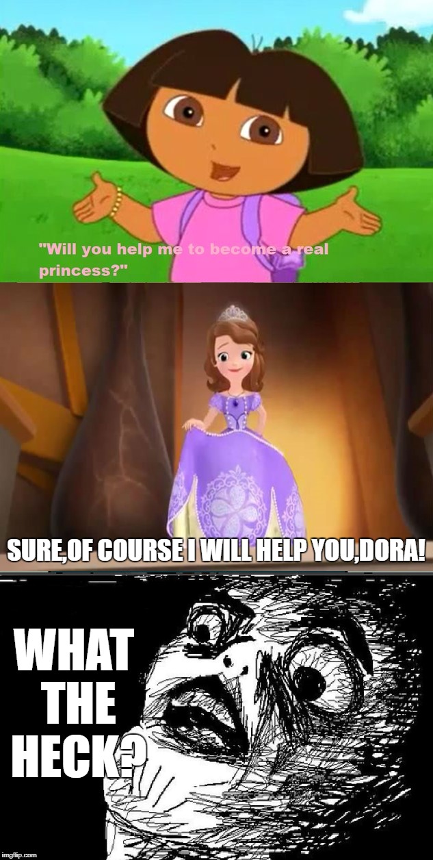 Stop being so nice to everyone! | WHAT THE HECK? SURE,OF COURSE I WILL HELP YOU,DORA! | image tagged in memes,dora the explorer,sofia the first | made w/ Imgflip meme maker