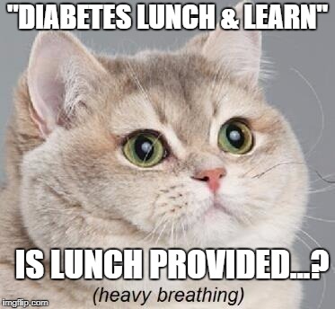 fat cat | "DIABETES LUNCH & LEARN"; IS LUNCH PROVIDED...? | image tagged in fat cat | made w/ Imgflip meme maker