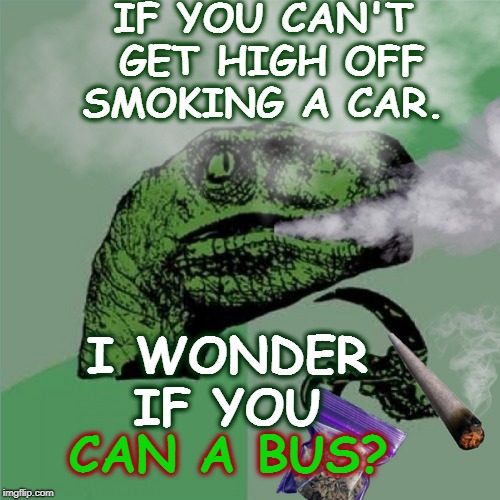Chronicles of Philosoraptor  | IF YOU CAN'T GET HIGH OFF SMOKING A CAR. I WONDER IF YOU; CAN A BUS? | image tagged in weed,philosoraptor,420 blaze it,memes,funny | made w/ Imgflip meme maker