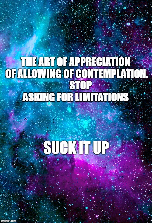pink and blue galaxy sky | THE ART OF APPRECIATION OF ALLOWING OF CONTEMPLATION.     STOP ASKING FOR LIMITATIONS; SUCK IT UP | image tagged in pink and blue galaxy sky | made w/ Imgflip meme maker