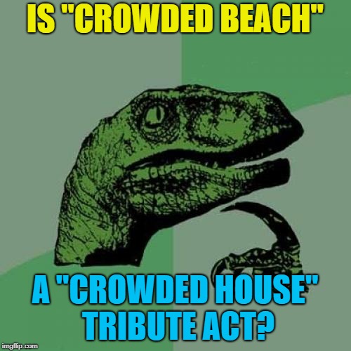 Philosoraptor Meme | IS "CROWDED BEACH" A "CROWDED HOUSE" TRIBUTE ACT? | image tagged in memes,philosoraptor | made w/ Imgflip meme maker