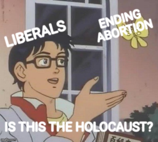 Everything liberals don't like is the Holocaust even the exact opposite of a Holocaust | ENDING ABORTION; LIBERALS; IS THIS THE HOLOCAUST? | image tagged in memes,is this a pigeon,liberals,liberal logic,abortion | made w/ Imgflip meme maker