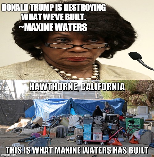 "Donald Trump is destroying what we've built."  | DONALD TRUMP IS DESTROYING WHAT WE'VE BUILT. ~MAXINE WATERS | image tagged in maxine waters,donald trump,california,democrat,memes | made w/ Imgflip meme maker