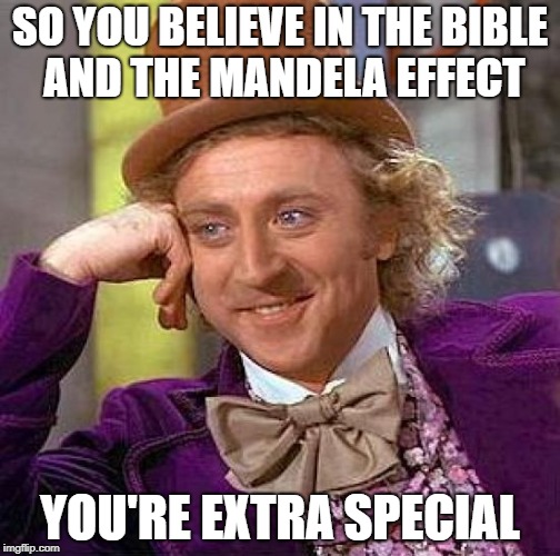 Creepy Condescending Wonka Meme | SO YOU BELIEVE IN THE BIBLE AND THE MANDELA EFFECT; YOU'RE EXTRA SPECIAL | image tagged in memes,creepy condescending wonka | made w/ Imgflip meme maker
