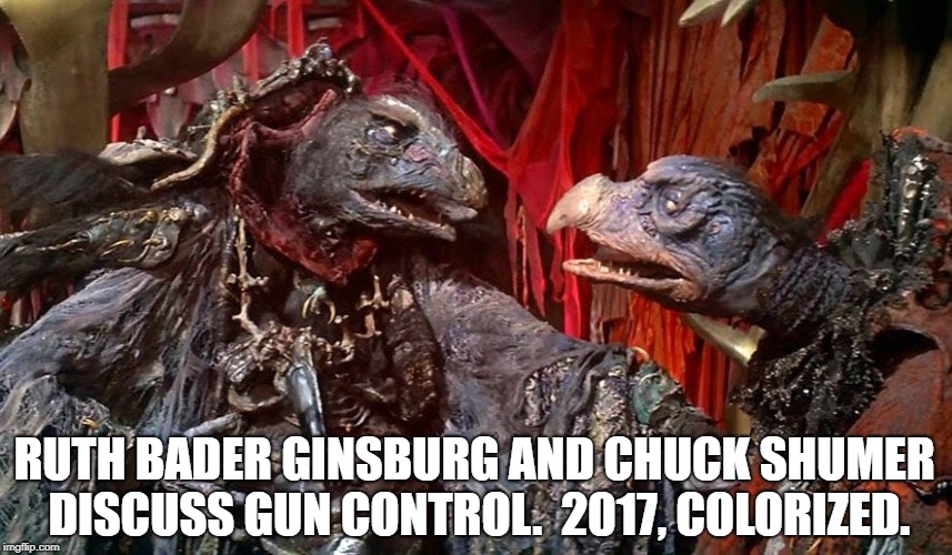 RUTH BADER GINSBURG AND CHUCK SHUMER DISCUSS GUN CONTROL.  2017, COLORIZED. | image tagged in ruth bader ginsburg,chuck schumer,gun control,dank memes,historical,colorized | made w/ Imgflip meme maker