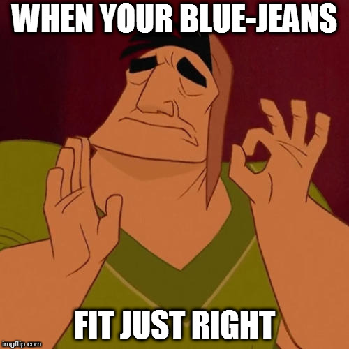 When X just right | WHEN YOUR BLUE-JEANS; FIT JUST RIGHT | image tagged in when x just right | made w/ Imgflip meme maker