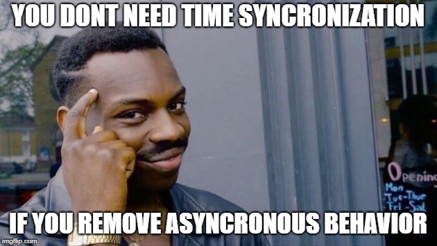 You dont need | YOU DONT NEED TIME SYNCRONIZATION; IF YOU REMOVE ASYNCRONOUS BEHAVIOR | image tagged in you dont need | made w/ Imgflip meme maker