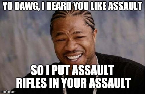 Yo Dawg Heard You Meme | YO DAWG, I HEARD YOU LIKE ASSAULT; SO I PUT ASSAULT RIFLES IN YOUR ASSAULT | image tagged in memes,yo dawg heard you | made w/ Imgflip meme maker