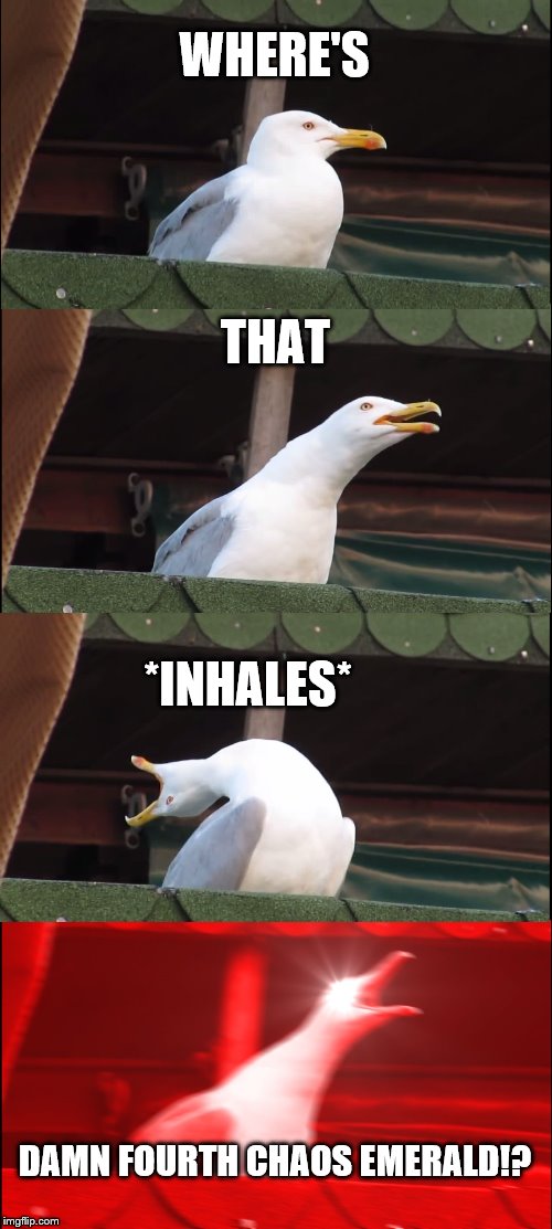 Inhaling Seagull Meme | WHERE'S; THAT; *INHALES*; DAMN FOURTH CHAOS EMERALD!? | image tagged in memes,inhaling seagull,shadow the hedgehog,funny meme,sonic the hedgehog | made w/ Imgflip meme maker