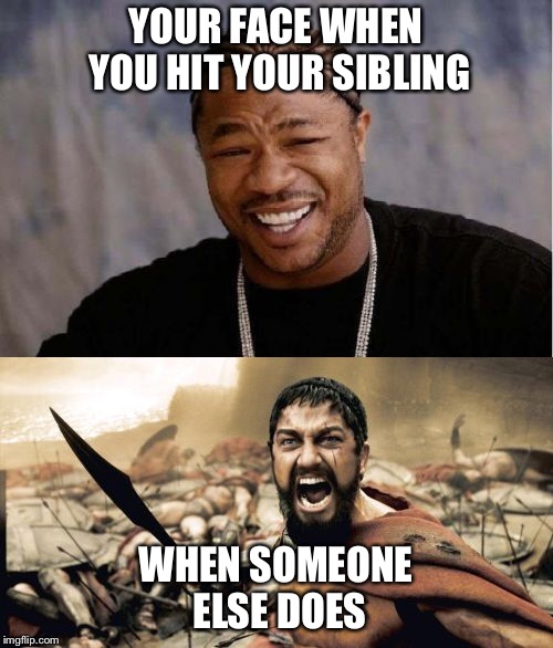 YOUR FACE WHEN YOU HIT YOUR SIBLING; WHEN SOMEONE ELSE DOES | image tagged in siblings | made w/ Imgflip meme maker