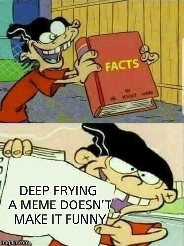 FACT | DEEP FRYING A MEME DOESN'T MAKE IT FUNNY | image tagged in double d's facts book | made w/ Imgflip meme maker
