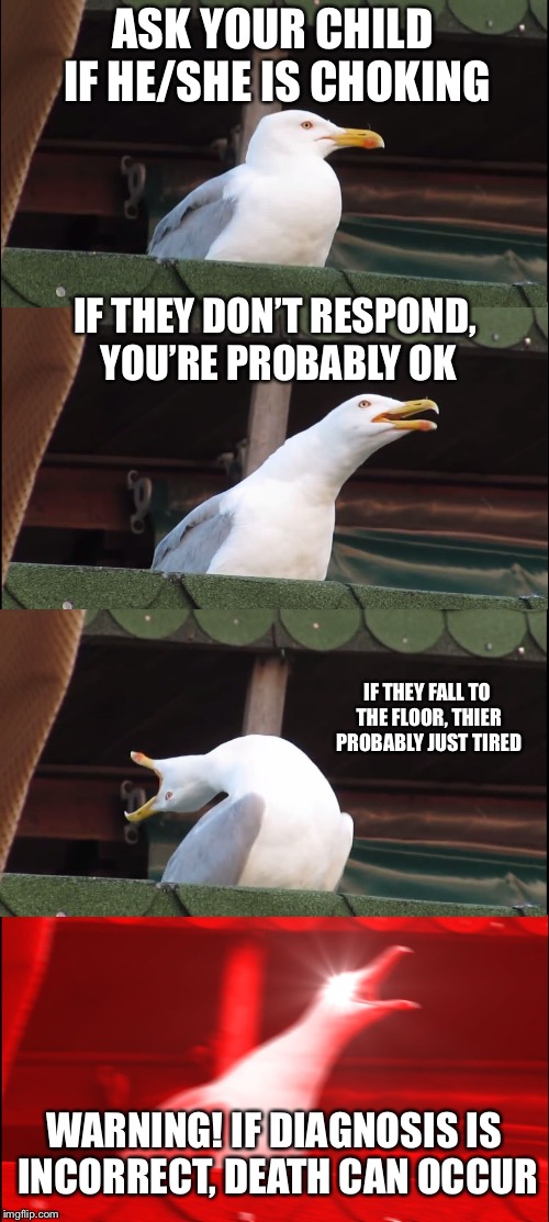 Inhaling Seagull Meme | ASK YOUR CHILD IF HE/SHE IS CHOKING; IF THEY DON’T RESPOND, YOU’RE PROBABLY OK; IF THEY FALL TO THE FLOOR, THIER PROBABLY JUST TIRED; WARNING! IF DIAGNOSIS IS INCORRECT, DEATH CAN OCCUR | image tagged in memes,inhaling seagull | made w/ Imgflip meme maker