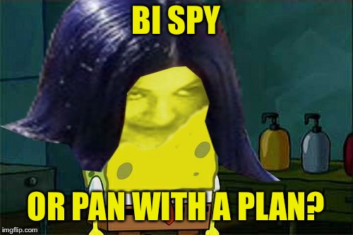 Spongemima | BI SPY OR PAN WITH A PLAN? | image tagged in spongemima | made w/ Imgflip meme maker