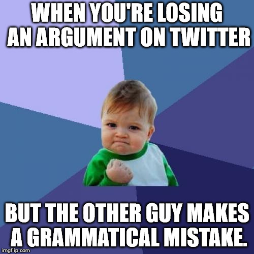 I also get them for spelling mistakes as well. | WHEN YOU'RE LOSING AN ARGUMENT ON TWITTER; BUT THE OTHER GUY MAKES A GRAMMATICAL MISTAKE. | image tagged in memes,success kid | made w/ Imgflip meme maker