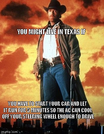 walker texas ranger | YOU MIGHT LIVE IN TEXAS IF; YOU HAVE TO START YOUR CAR AND LET IT RUN FOR 5 MINUTES SO THE AC CAN COOL OFF YOUR STEERING WHEEL ENOUGH TO DRIVE | image tagged in walker texas ranger | made w/ Imgflip meme maker