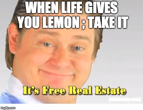 It's Free Real Estate | WHEN LIFE GIVES YOU LEMON ; TAKE IT | image tagged in it's free real estate | made w/ Imgflip meme maker