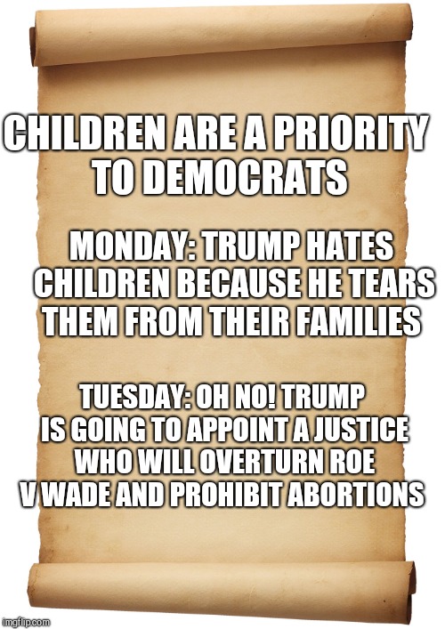 Blank Scroll | CHILDREN ARE A PRIORITY TO DEMOCRATS; MONDAY: TRUMP HATES CHILDREN BECAUSE HE TEARS THEM FROM THEIR FAMILIES; TUESDAY: OH NO! TRUMP IS GOING TO APPOINT A JUSTICE WHO WILL OVERTURN ROE V WADE AND PROHIBIT ABORTIONS | image tagged in blank scroll | made w/ Imgflip meme maker