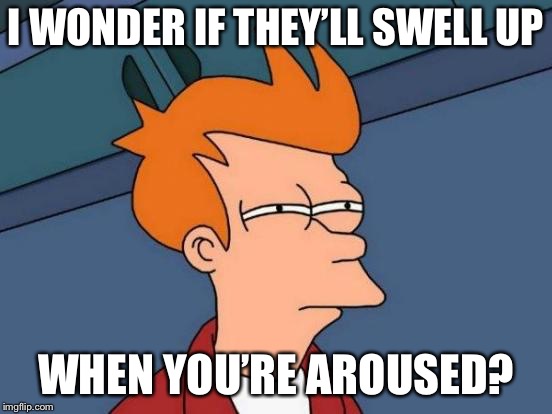 Futurama Fry Meme | I WONDER IF THEY’LL SWELL UP WHEN YOU’RE AROUSED? | image tagged in memes,futurama fry | made w/ Imgflip meme maker