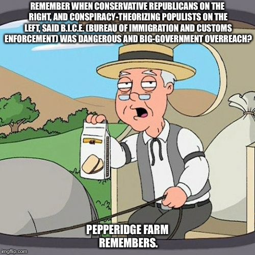 Pepperidge Farm Remembers Meme | REMEMBER WHEN CONSERVATIVE REPUBLICANS ON THE RIGHT, AND CONSPIRACY-THEORIZING POPULISTS ON THE LEFT, SAID B.I.C.E. (BUREAU OF IMMIGRATION AND CUSTOMS ENFORCEMENT) WAS DANGEROUS AND BIG-GOVERNMENT OVERREACH? PEPPERIDGE FARM REMEMBERS. | image tagged in memes,pepperidge farm remembers | made w/ Imgflip meme maker