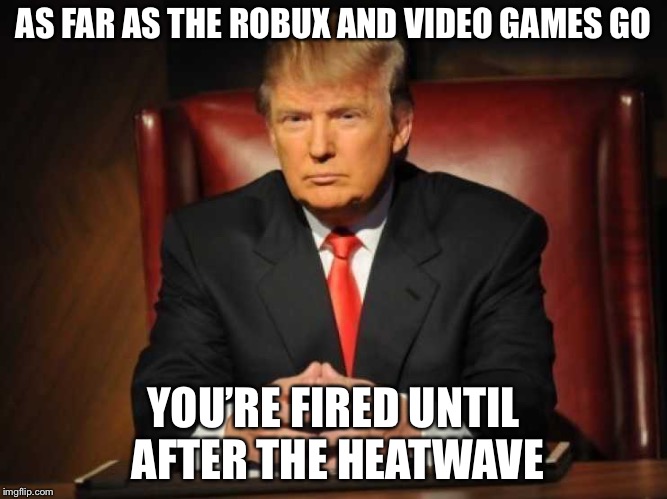 Trump | AS FAR AS THE ROBUX AND VIDEO GAMES GO YOU’RE FIRED UNTIL AFTER THE HEATWAVE | image tagged in trump | made w/ Imgflip meme maker