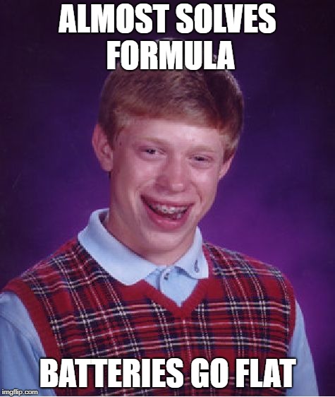 Bad Luck Brian Meme | ALMOST SOLVES FORMULA BATTERIES GO FLAT | image tagged in memes,bad luck brian | made w/ Imgflip meme maker