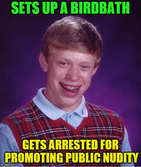 Bad Luck Brian Meme | SETS UP A BIRDBATH GETS ARRESTED FOR PROMOTING PUBLIC NUDITY | image tagged in memes,bad luck brian | made w/ Imgflip meme maker
