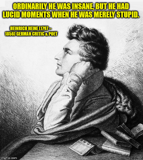 We all have a family member like this | ORDINARILY HE WAS INSANE, BUT HE HAD LUCID MOMENTS WHEN HE WAS MERELY STUPID. HEINRICH HEINE
(1797 – 1856) GERMAN CRITIC & POET | image tagged in insanity,stupidity,quote,heinrich heine | made w/ Imgflip meme maker