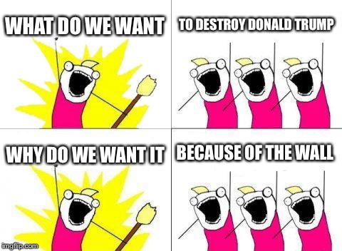 What Do We Want | WHAT DO WE WANT; TO DESTROY DONALD TRUMP; BECAUSE OF THE WALL; WHY DO WE WANT IT | image tagged in memes,what do we want | made w/ Imgflip meme maker