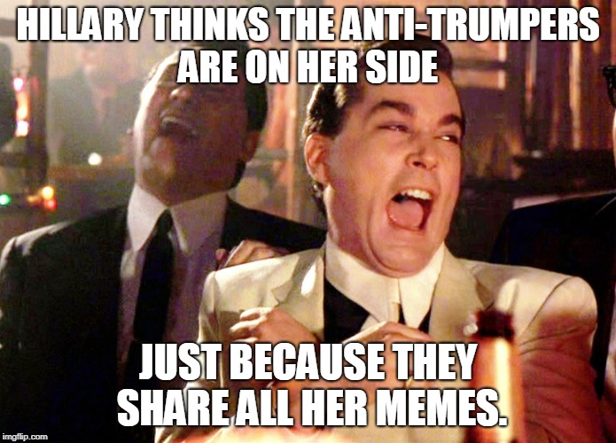 Good Fellas Hilarious | HILLARY THINKS THE ANTI-TRUMPERS ARE ON HER SIDE; JUST BECAUSE THEY SHARE ALL HER MEMES. | image tagged in memes,good fellas hilarious | made w/ Imgflip meme maker