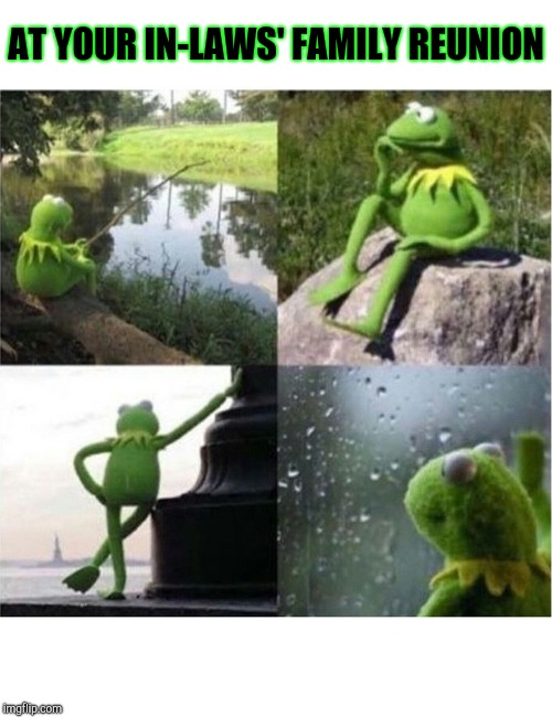 blank kermit waiting | AT YOUR IN-LAWS' FAMILY REUNION | image tagged in blank kermit waiting | made w/ Imgflip meme maker