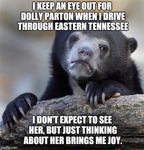 Confession Bear Meme | I KEEP AN EYE OUT FOR DOLLY PARTON WHEN I DRIVE THROUGH EASTERN TENNESSEE; I DON'T EXPECT TO SEE HER, BUT JUST THINKING ABOUT HER BRINGS ME JOY. | image tagged in memes,confession bear,AdviceAnimals | made w/ Imgflip meme maker