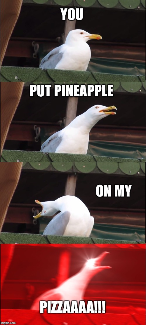 Inhaling Seagull | YOU; PUT PINEAPPLE; ON MY; PIZZAAAA!!! | image tagged in memes,inhaling seagull | made w/ Imgflip meme maker