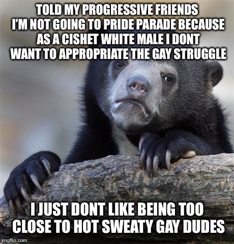 Confession Bear Meme | TOLD MY PROGRESSIVE FRIENDS I’M NOT GOING TO PRIDE PARADE BECAUSE AS A CISHET WHITE MALE I DONT WANT TO APPROPRIATE THE GAY STRUGGLE; I JUST DONT LIKE BEING TOO CLOSE TO HOT SWEATY GAY DUDES | image tagged in memes,confession bear | made w/ Imgflip meme maker